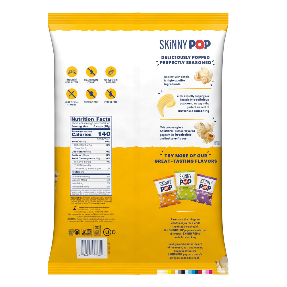 SkinnyPop Butter Popcorn bag 4.4oz, convenient on-the-go snack.