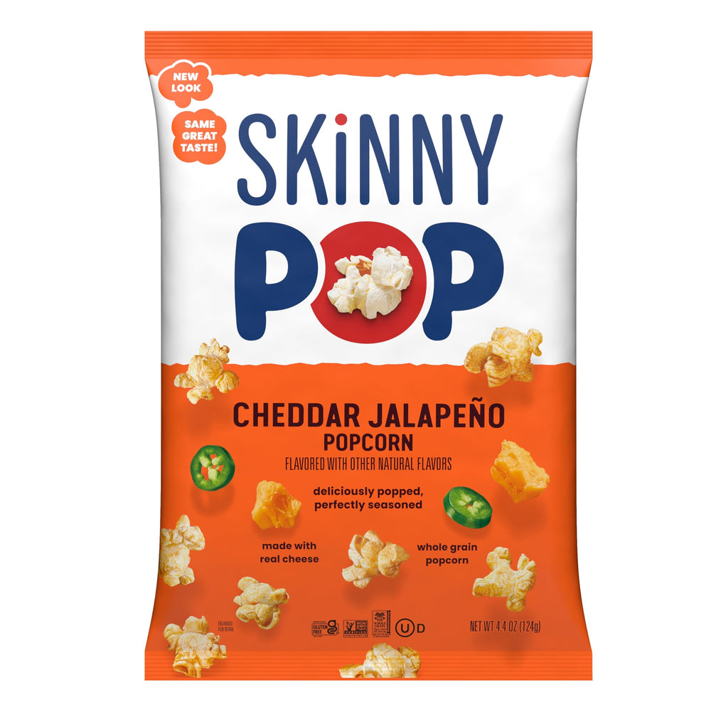 SkinnyPop Cheddar Jalapeno popcorn bag with bold flavor and whole grain crunch for movie night