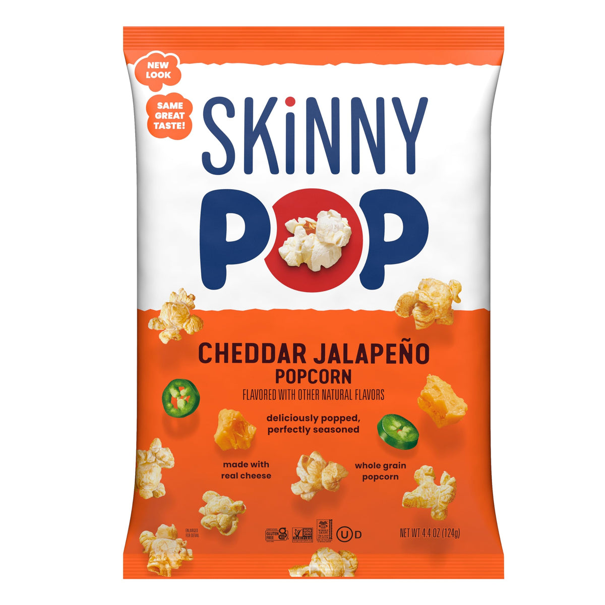 SkinnyPop Cheddar Jalapeno popcorn bag with bold flavor and whole grain crunch for movie night