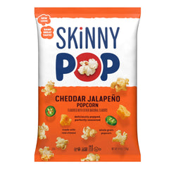 SkinnyPop Cheddar Jalapeno popcorn bag with bold flavor and whole grain crunch for movie night