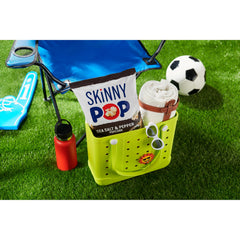 Closeup of crispy SkinnyPop popcorn with bold seasoning.