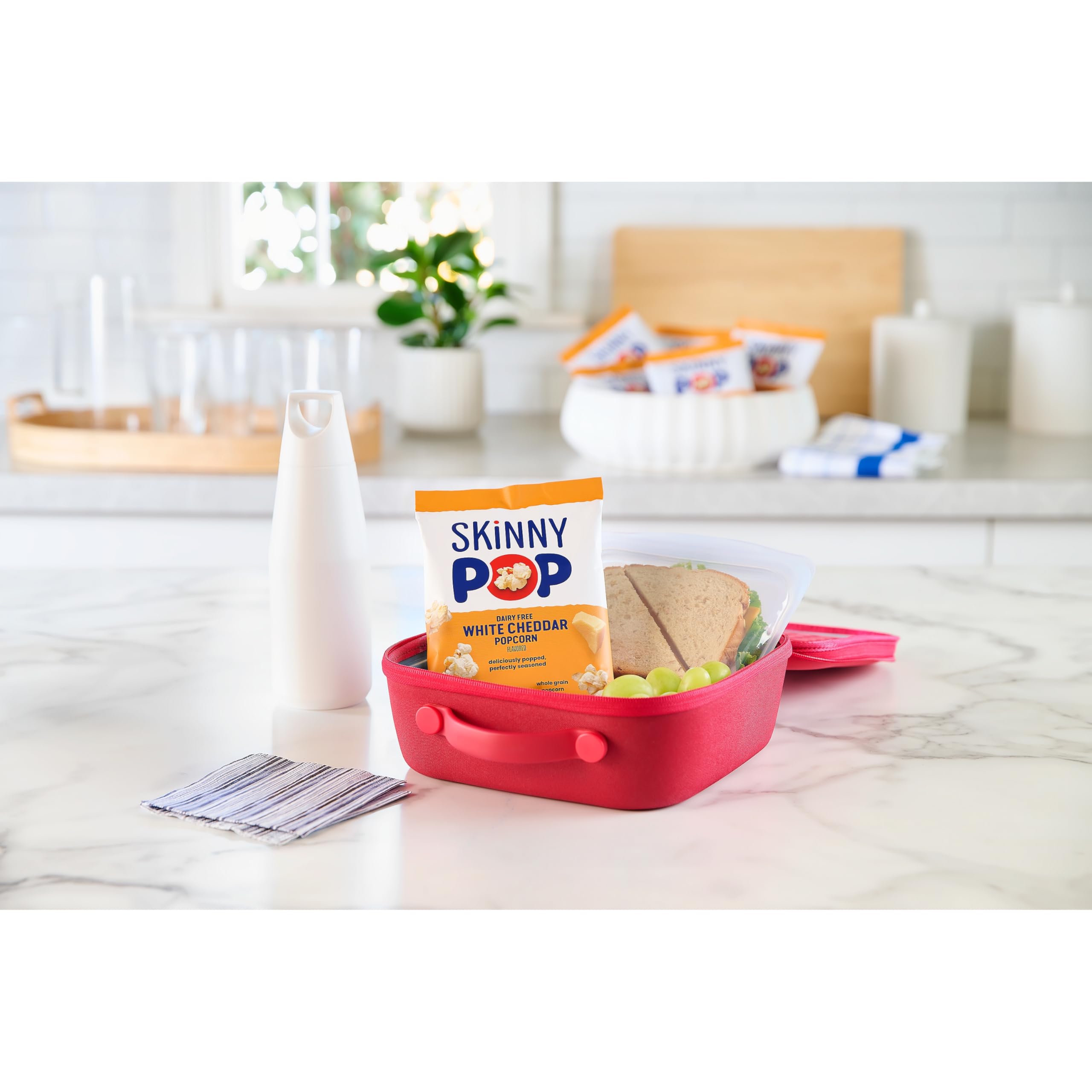 SkinnyPop kid lunch snack bags ready for school.