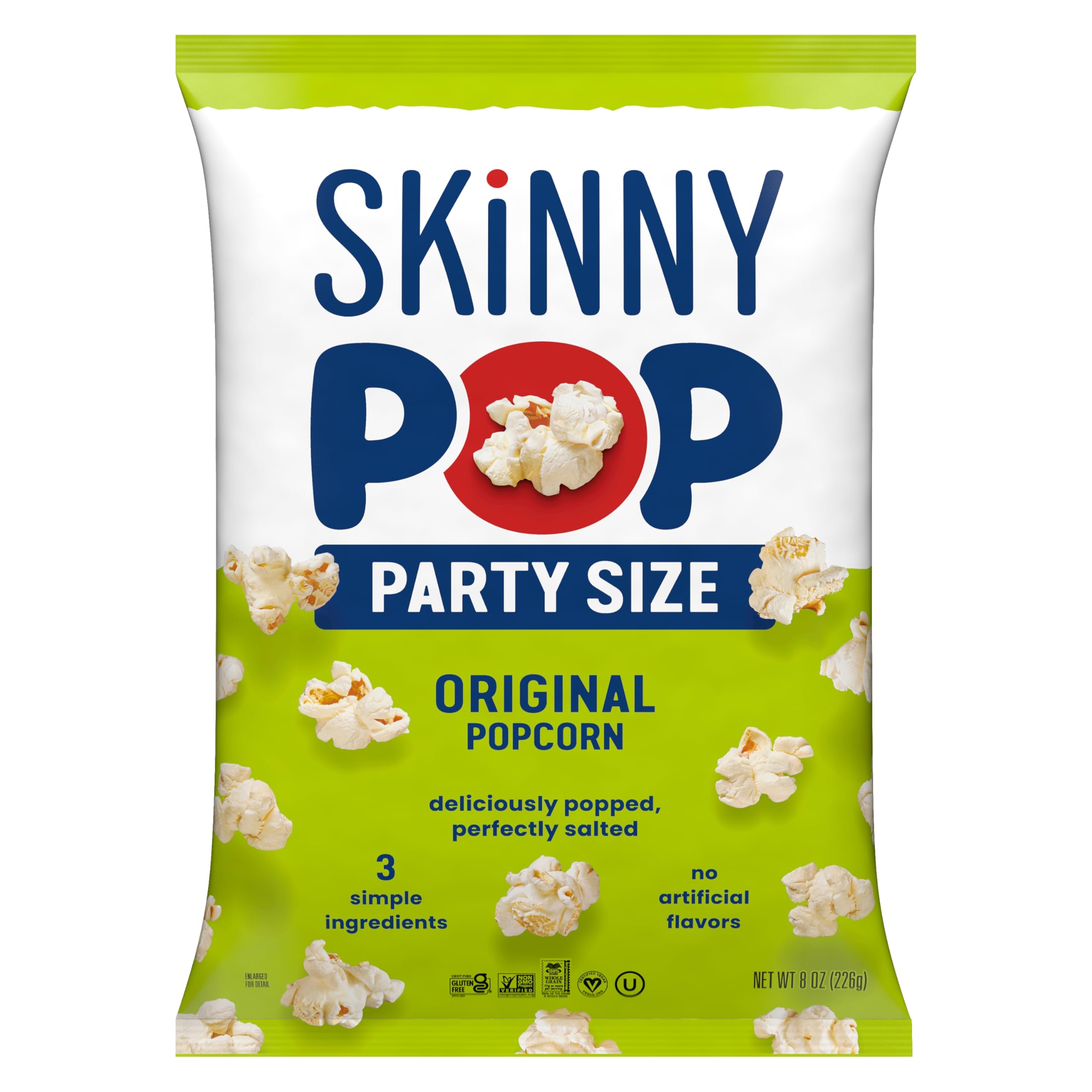 SkinnyPop Original 8oz bag packaging, ideal for sharing and on-the-go snacking.