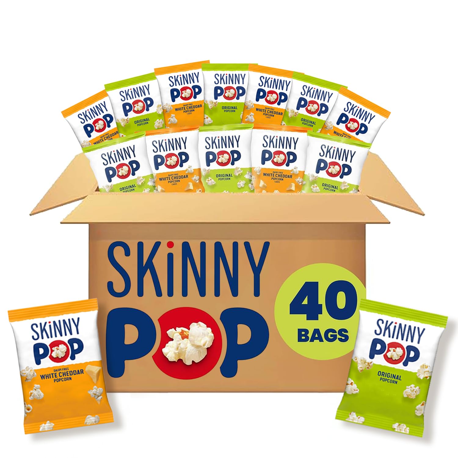 SkinnyPop Original popcorn bags close-up, light texture for quick, on-the-go snacking