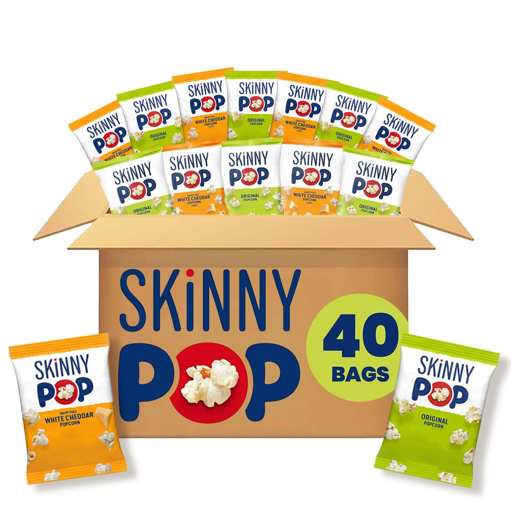 SkinnyPop Original popcorn bags close-up, light texture for quick, on-the-go snacking