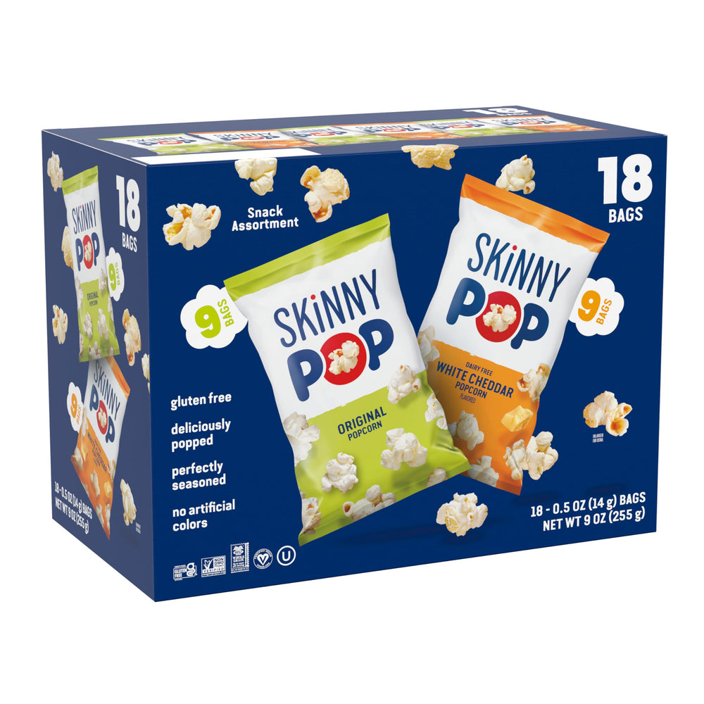 SkinnyPop Original Dairy Free White Cheddar bag closeup, gluten-free, non-GMO crunch