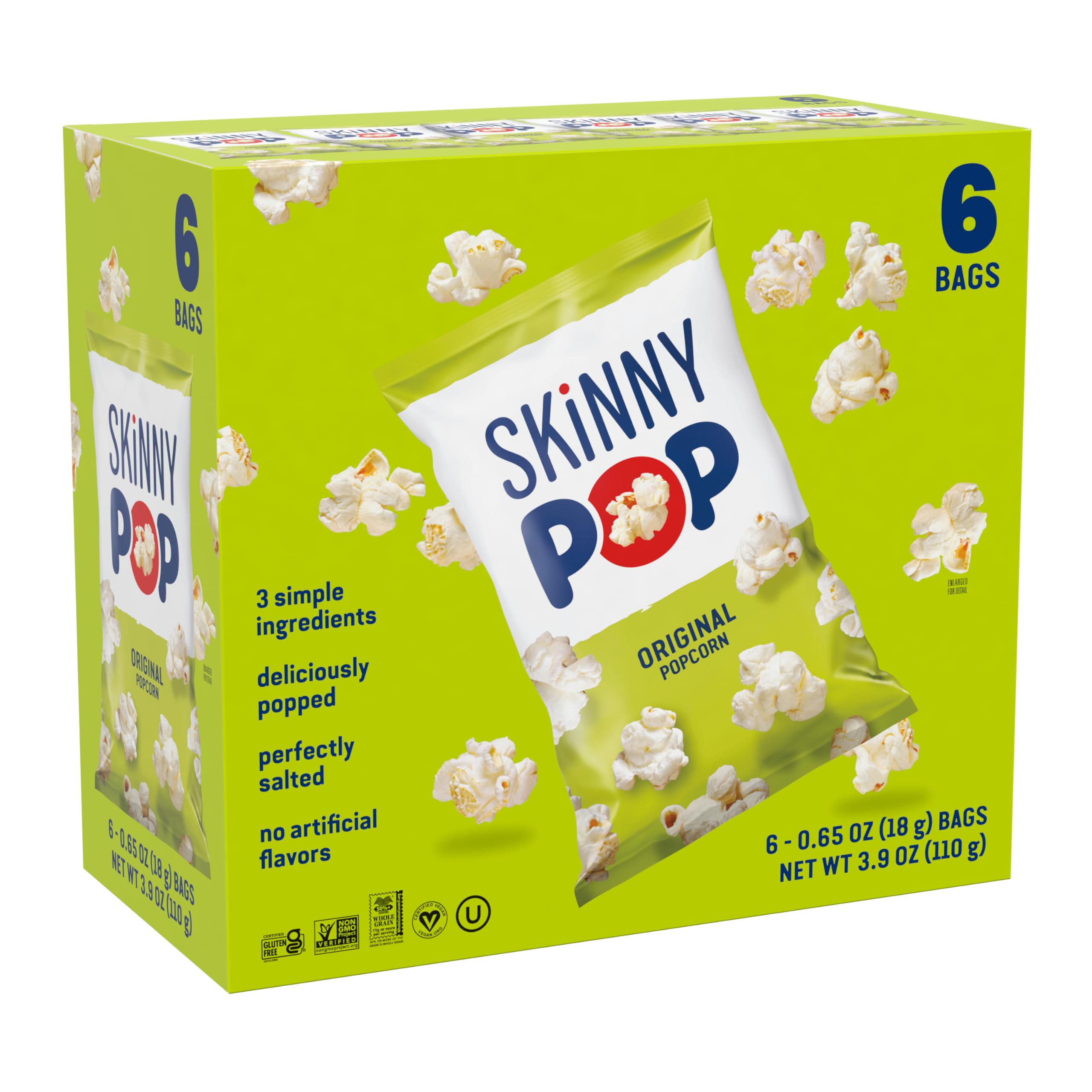 SkinnyPop Original popcorn front bag, a light, crunchy snack for anytime.