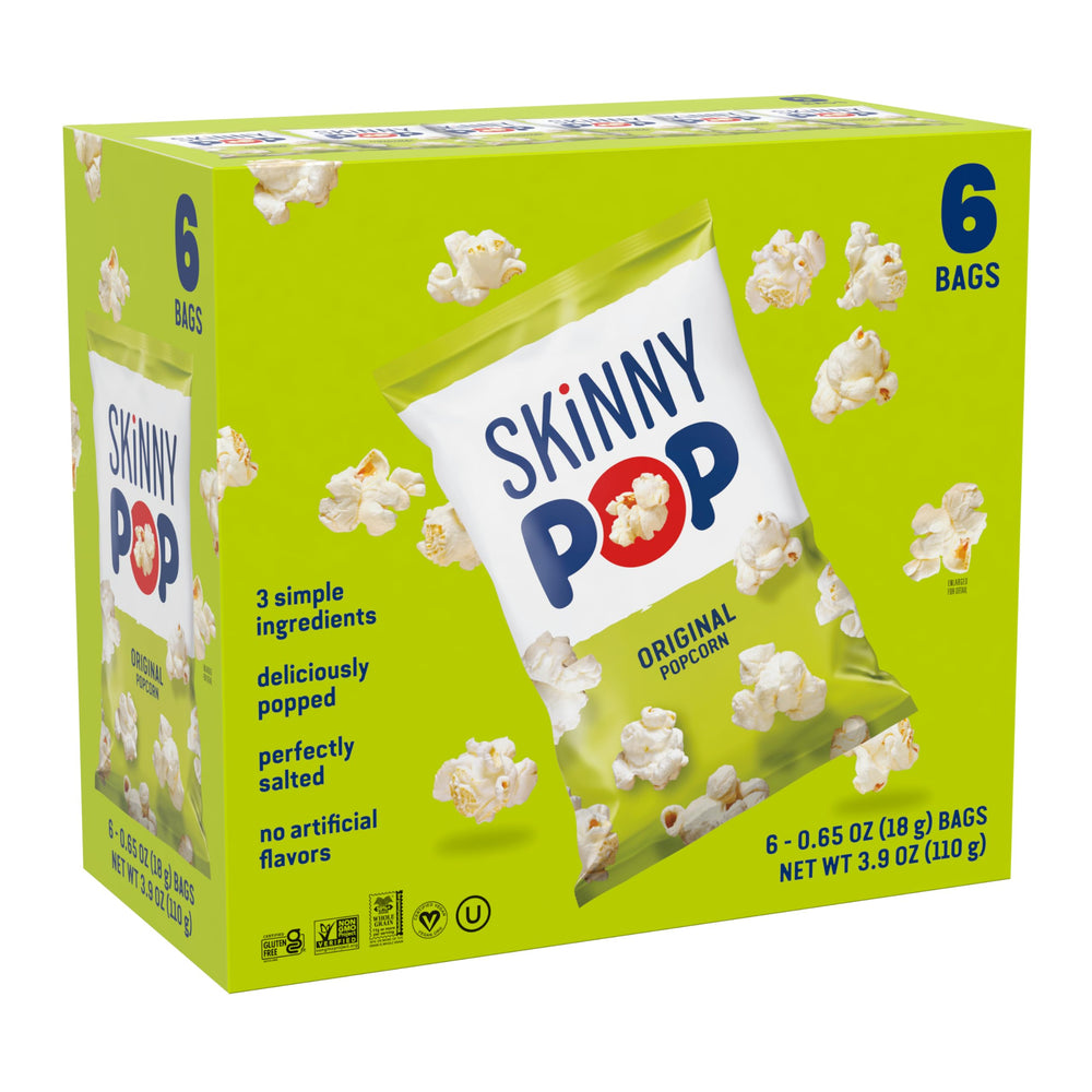 SkinnyPop Original popcorn front bag, a light, crunchy snack for anytime.