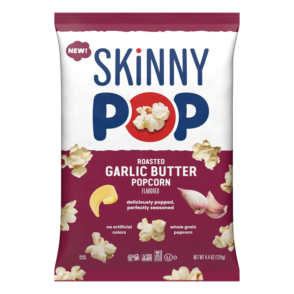SkinnyPop roasted garlic butter bag close-up for quick, convenient snacking.