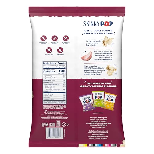 SkinnyPop roasted garlic butter close-up showcases savory flavor for movie nights.