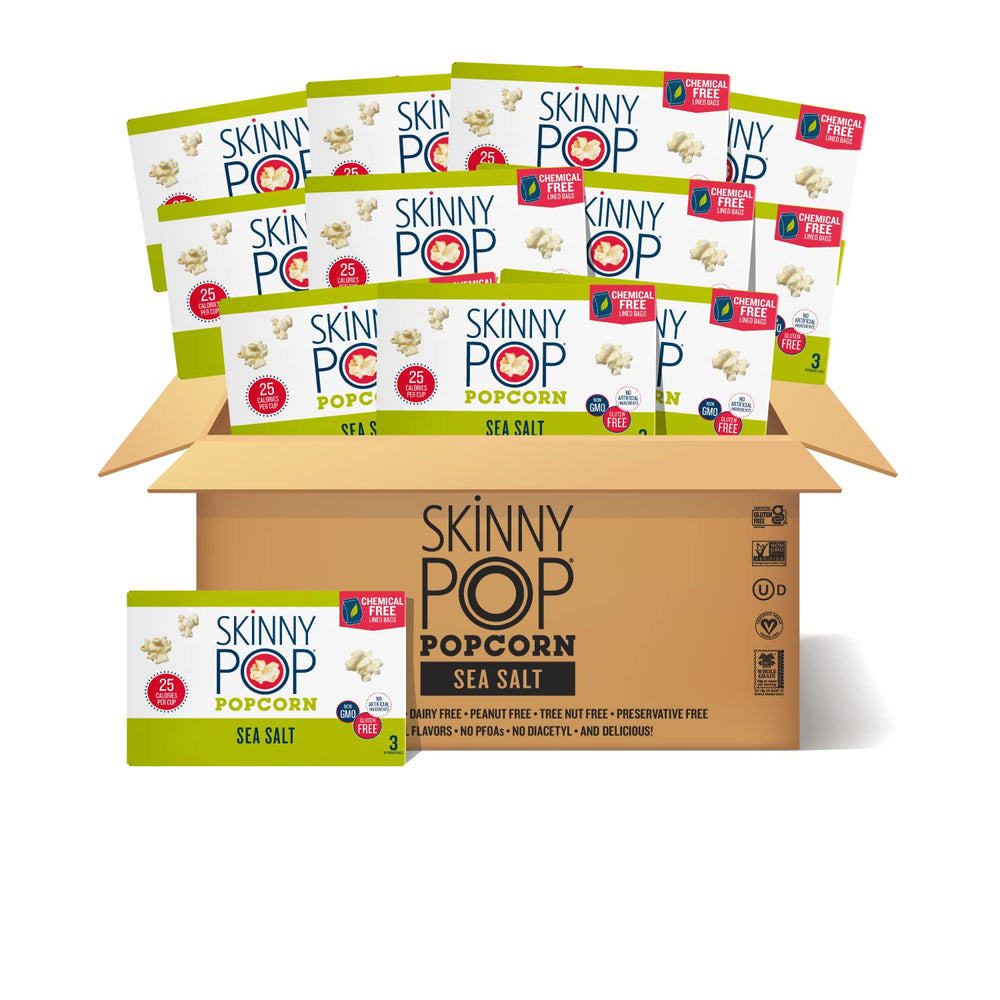 SkinnyPop Sea Salt microwave bags offer quick, crunchy snacking.