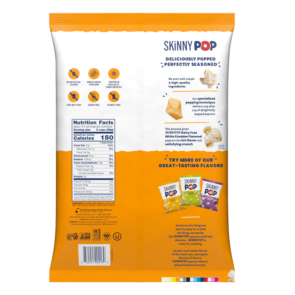 SkinnyPop White Cheddar popcorn bag back shows ingredients, gluten-free and GMO-free