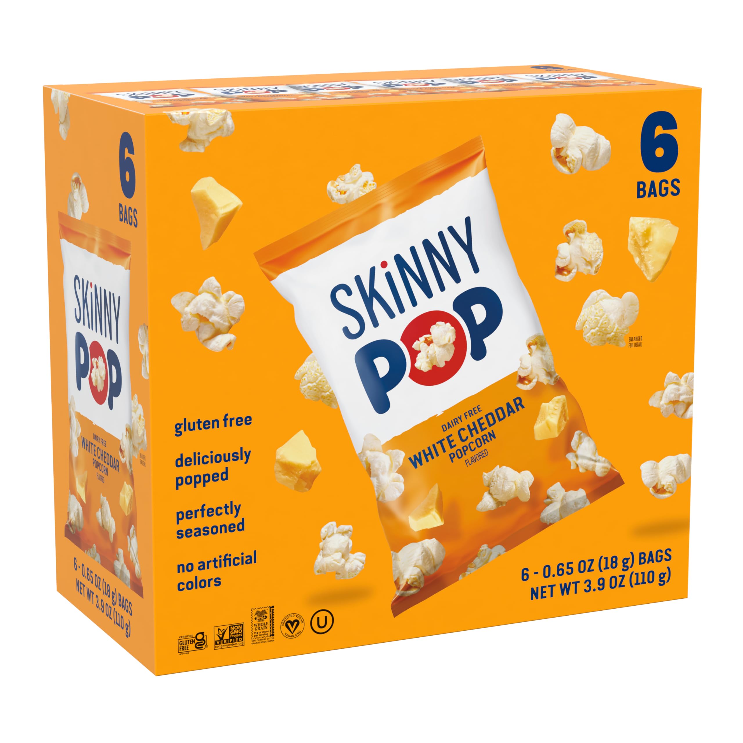 SkinnyPop White Cheddar popcorn bag close-up, dairy-free snacking on the go