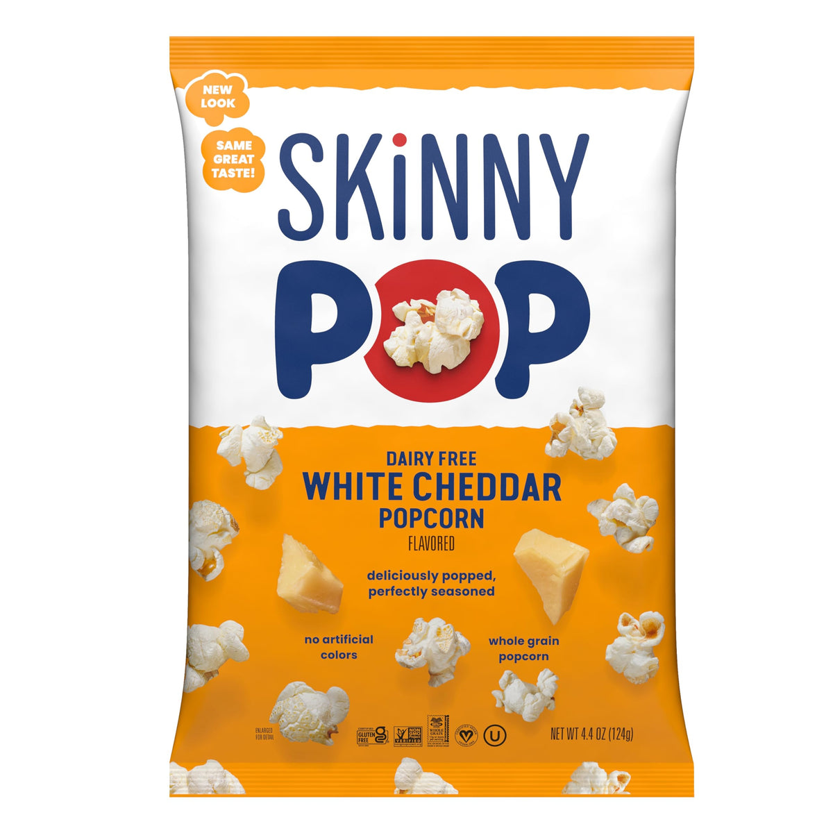 SkinnyPop White Cheddar popcorn in bag front, dairy-free snack for movie nights