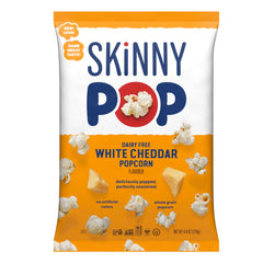 SkinnyPop White Cheddar popcorn in bag front, dairy-free snack for movie nights