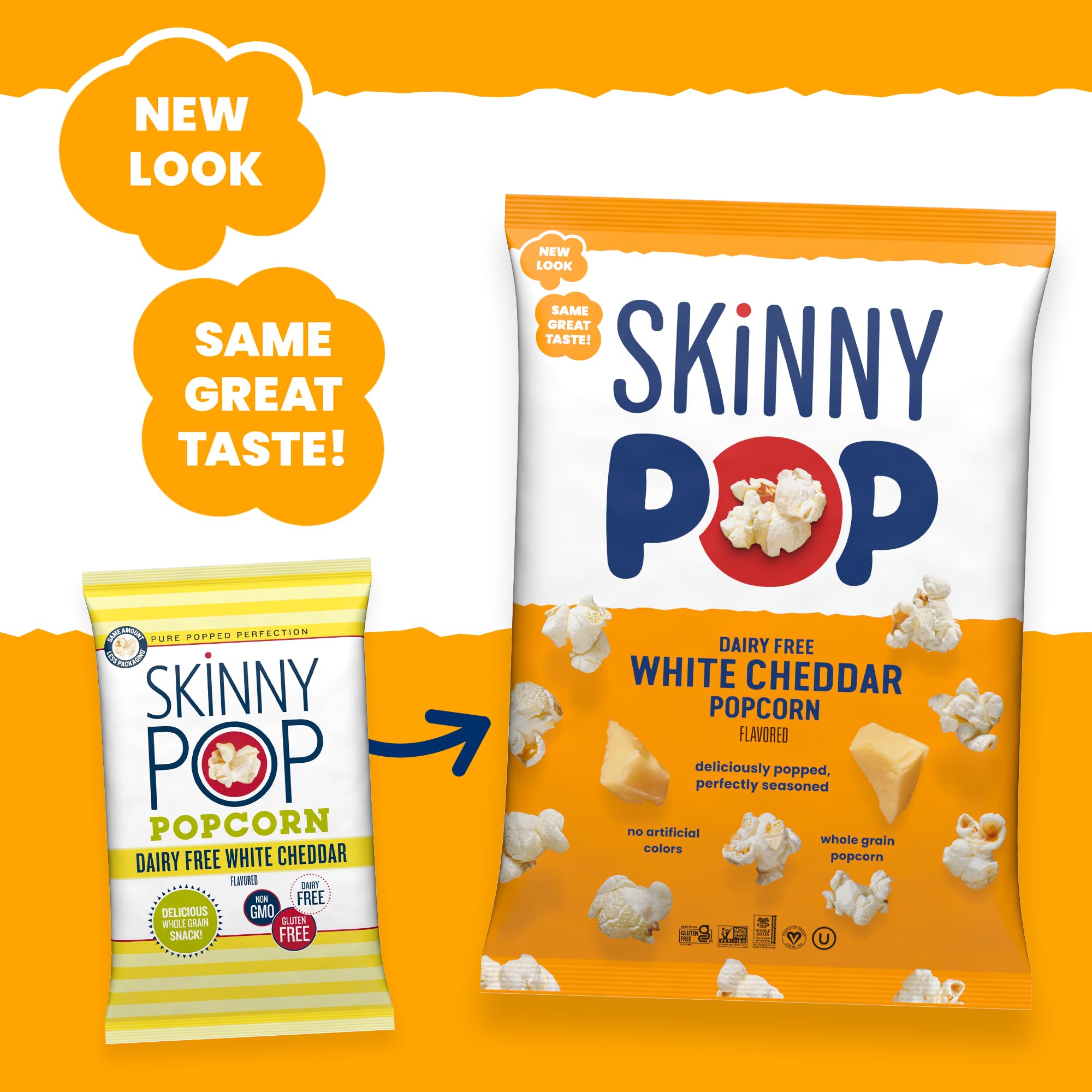 SkinnyPop White Cheddar popcorn on a party table, dairy-free option for guests