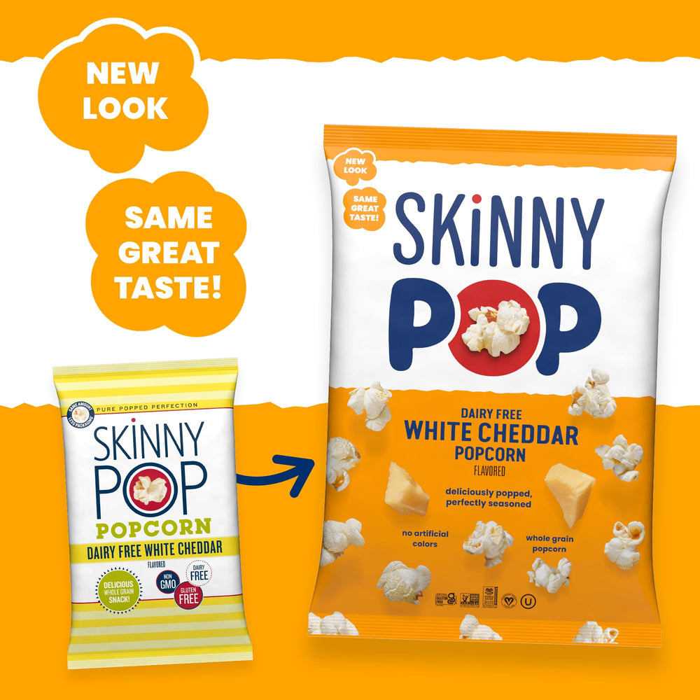 SkinnyPop White Cheddar popcorn on a party table, dairy-free option for guests
