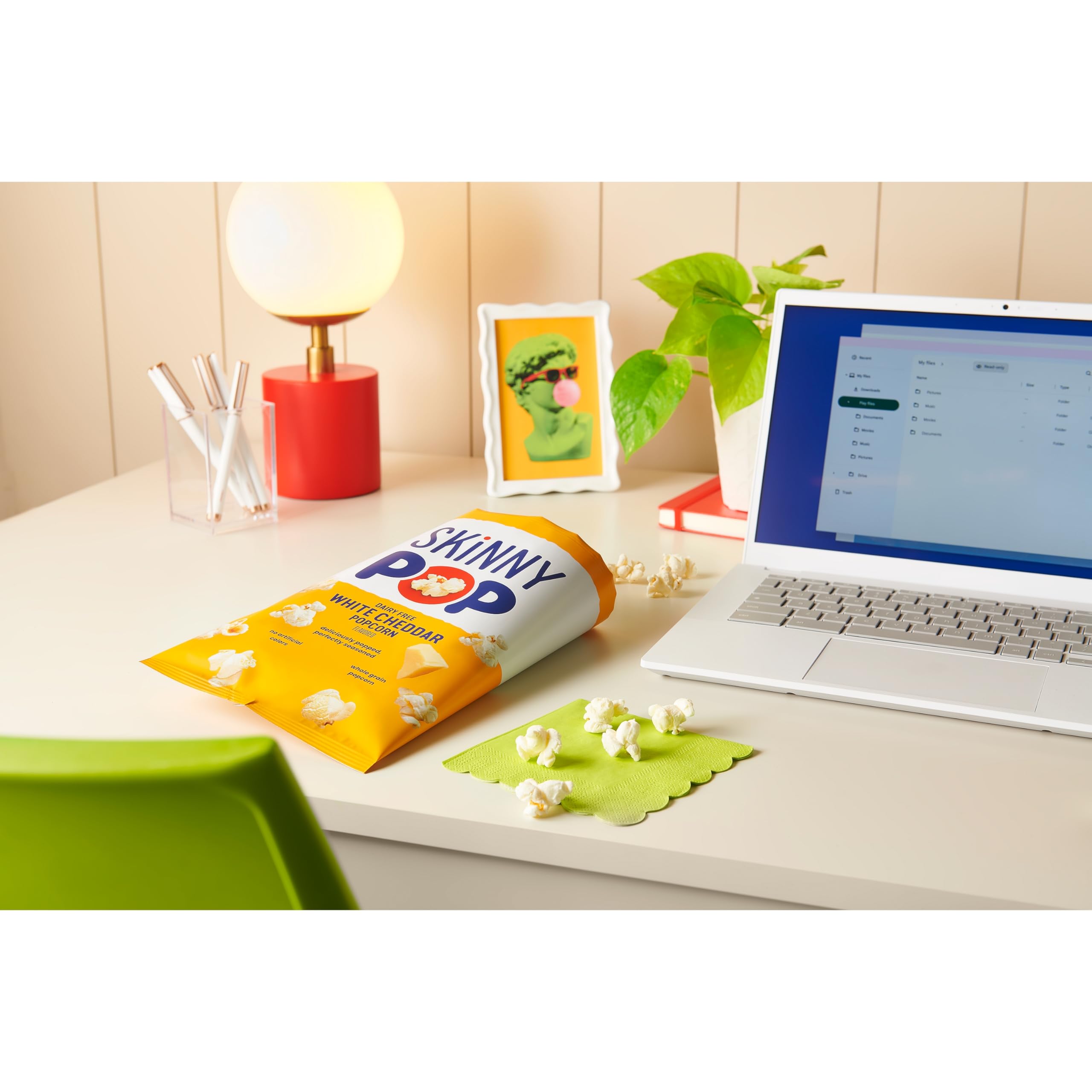 SkinnyPop whole grain popcorn ingredients label front and center.