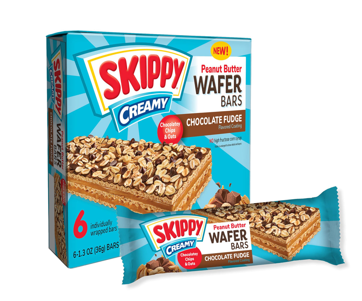 SKIPPY wafer bar wrapped, on-the-go tasty treat with creamy peanut butter and fudge