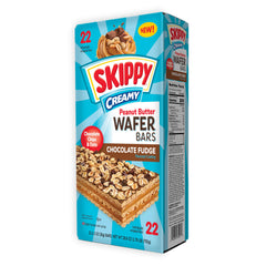 SKIPPY creamy peanut butter chocolate fudge wafer bars package, convenient 22-bar box for on-the-go snacking