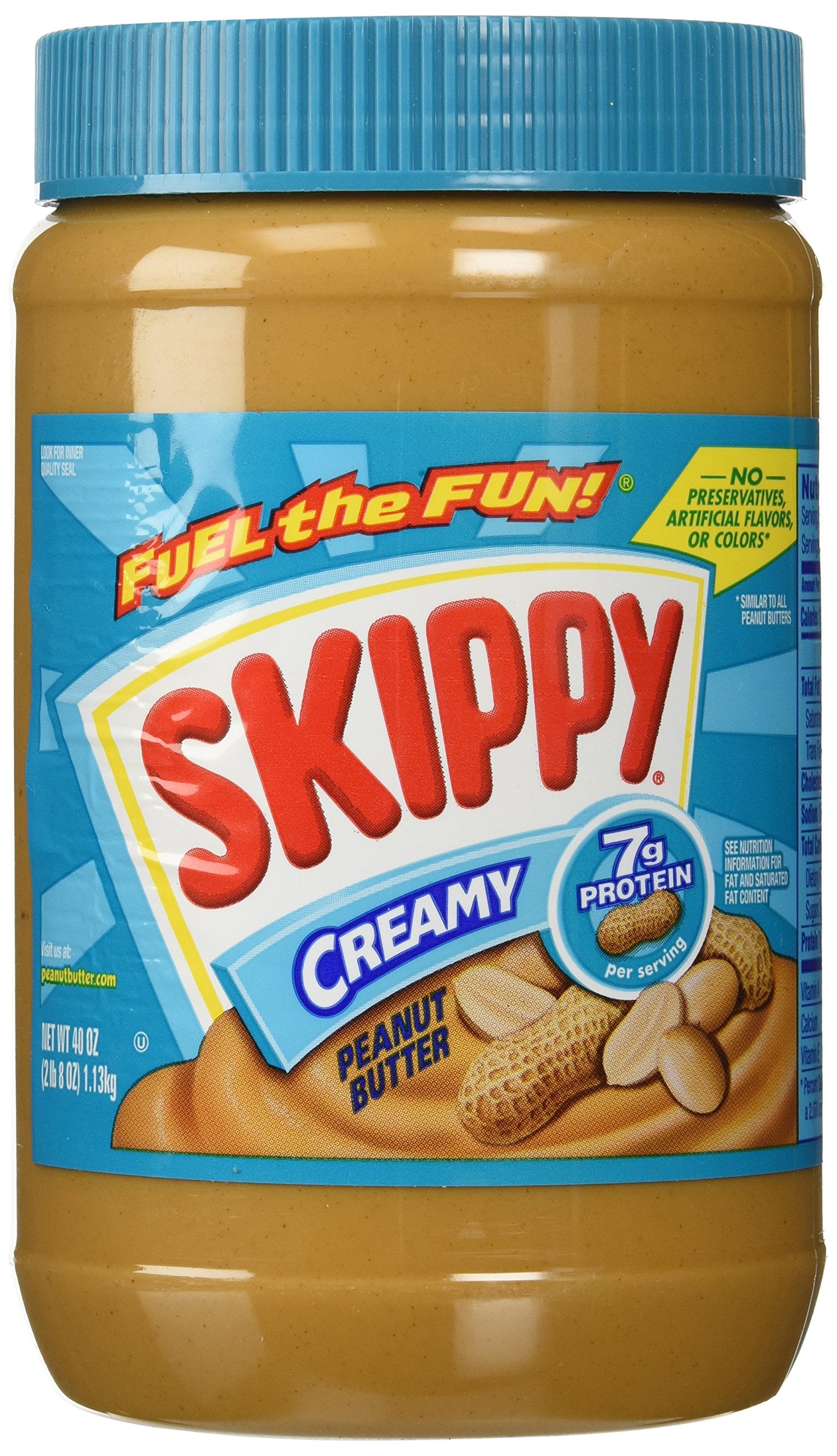 SKIPPY Creamy Peanut Butter jar on a kitchen counter for quick protein-rich snacking