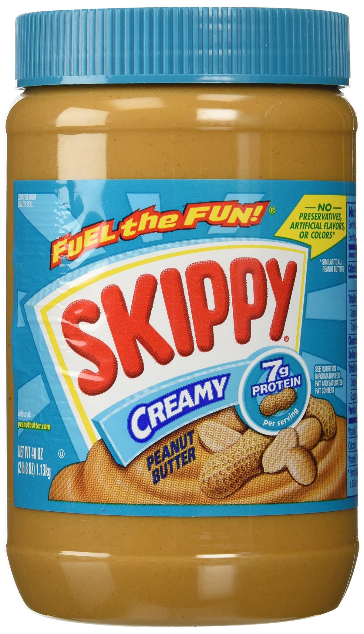 SKIPPY Creamy Peanut Butter jar on a kitchen counter for quick protein-rich snacking