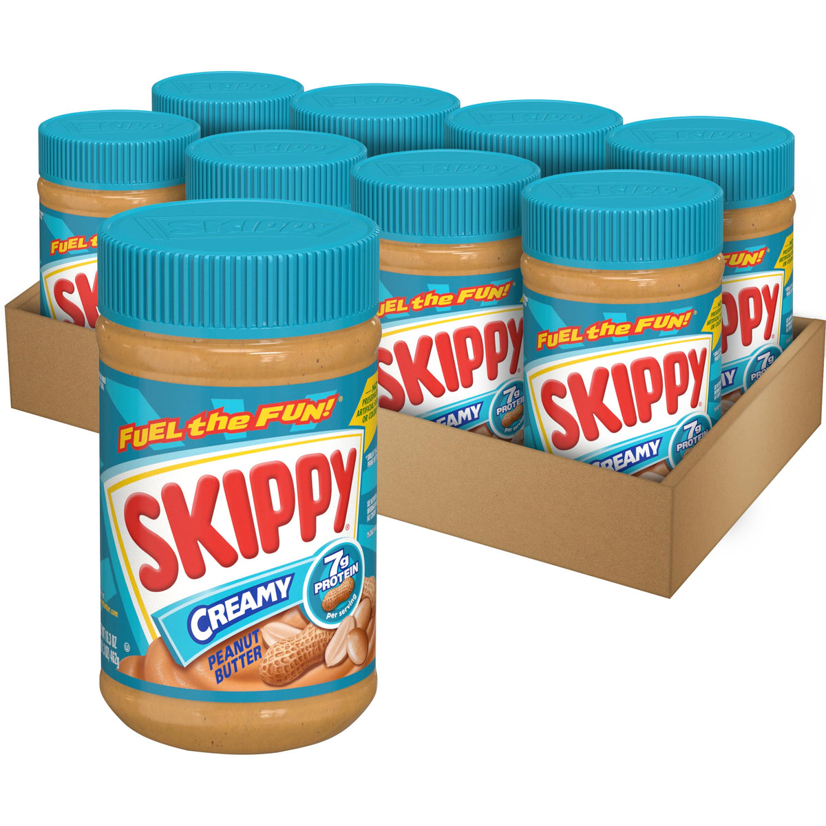 SKIPPY Creamy Peanut Butter jar displaying smooth texture for quick snacking