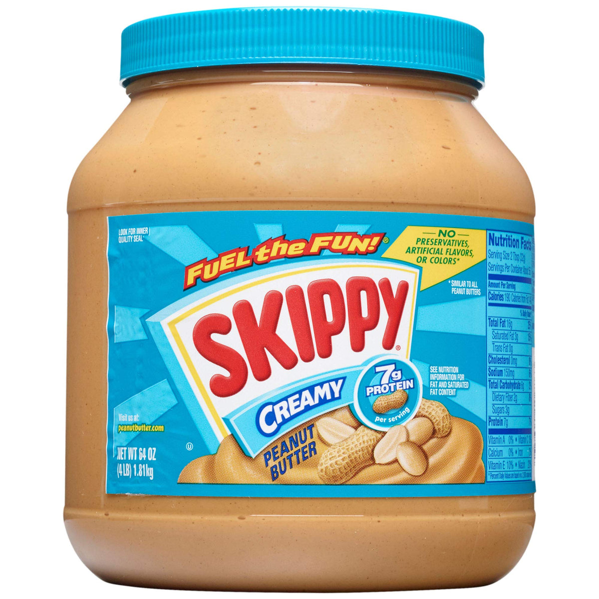 Skippy Creamy Peanut Butter jar close-up, smooth and easy to spread for quick snacks