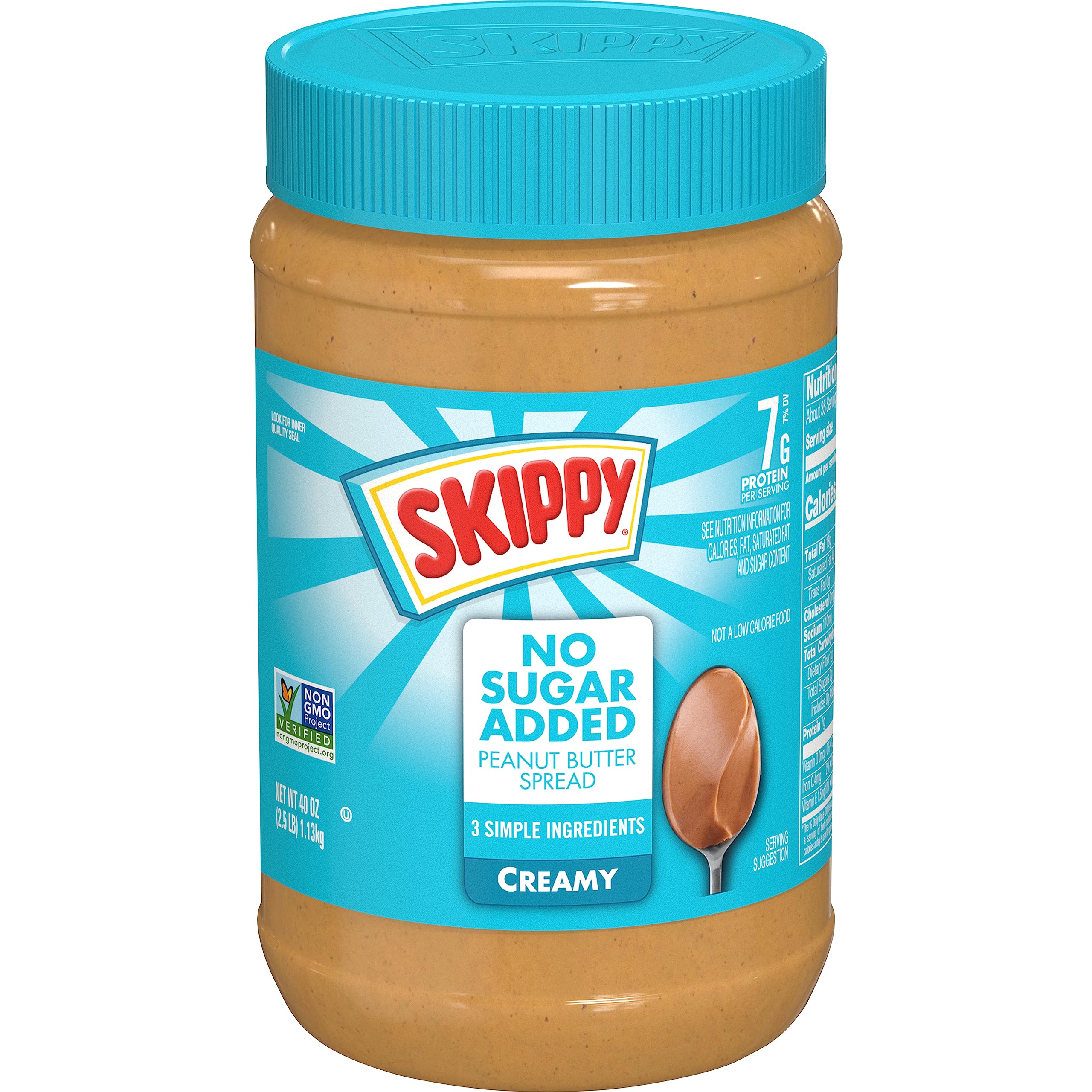 SKIPPY Creamy Peanut Butter No Sugar Added jar front view showing simple ingredients