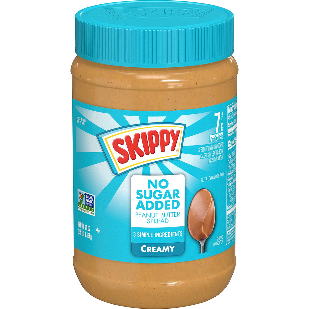 SKIPPY Creamy Peanut Butter No Sugar Added jar front view showing simple ingredients