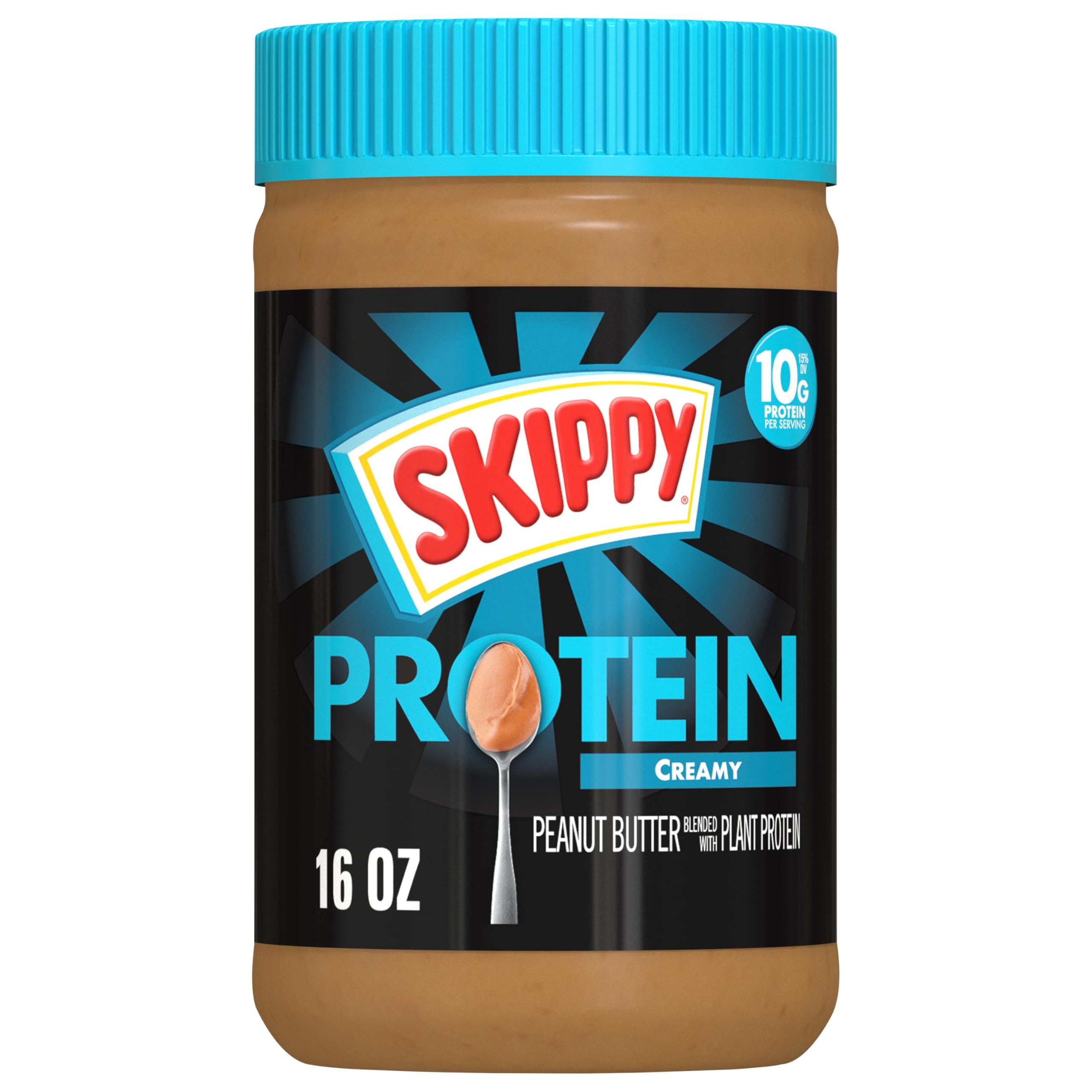 SKIPPY creamy peanut butter with plant protein in a 16oz jar, ready for spreading.