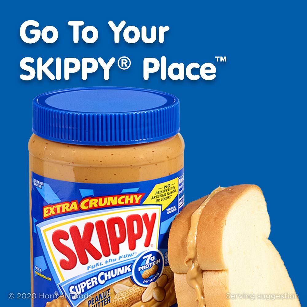 SKIPPY Crunchy peanut butter jar highlights chunky texture ideal for sandwiches.
