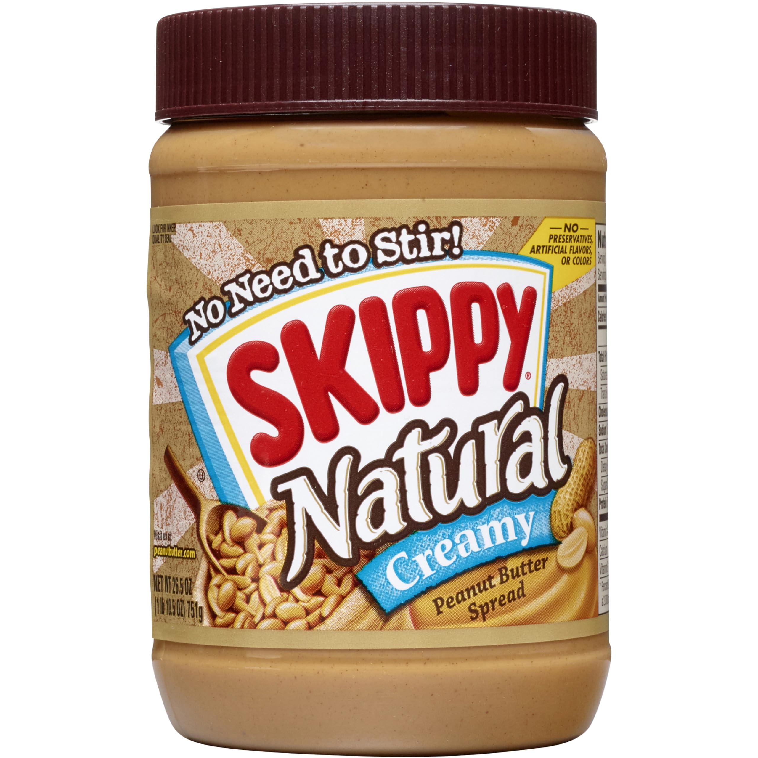 SKIPPY Natural Creamy Peanut Butter jar shows real roasted peanuts for a smooth spread.