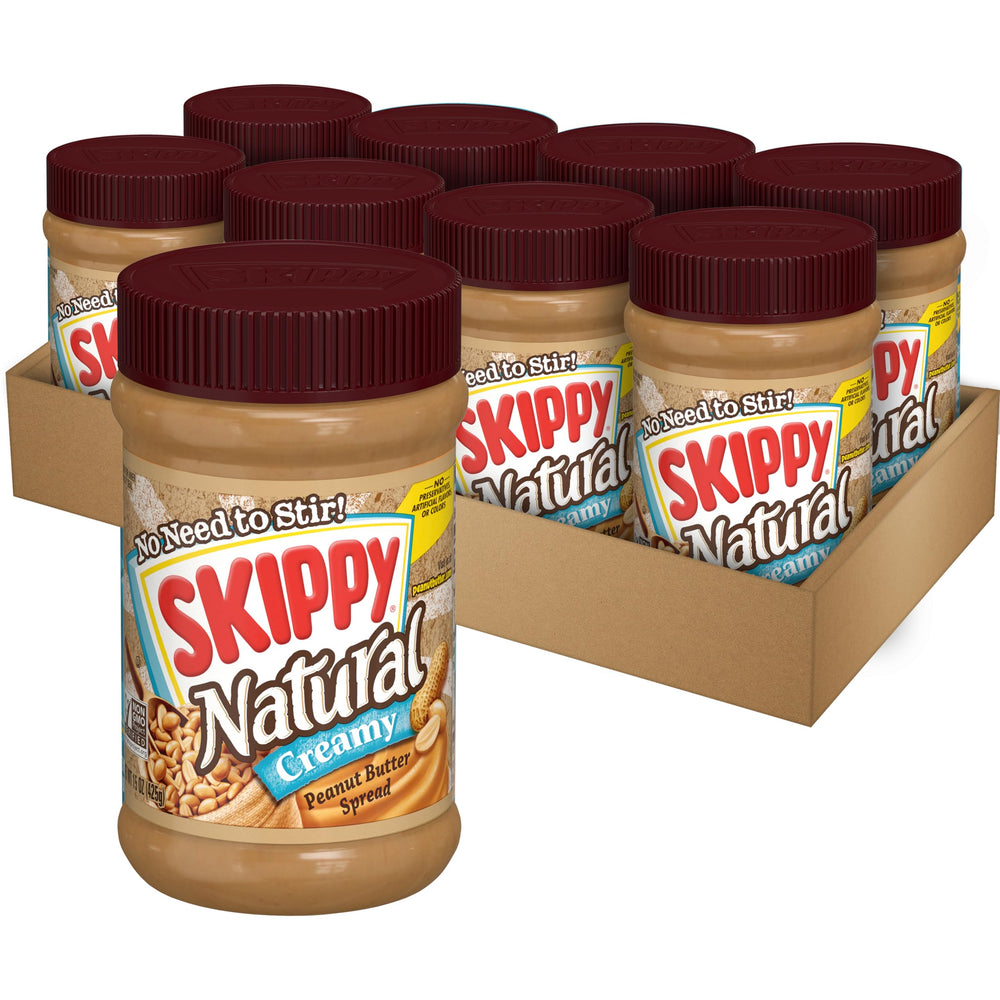 SKIPPY natural creamy peanut butter spread jar with rich flavor for quick snacks
