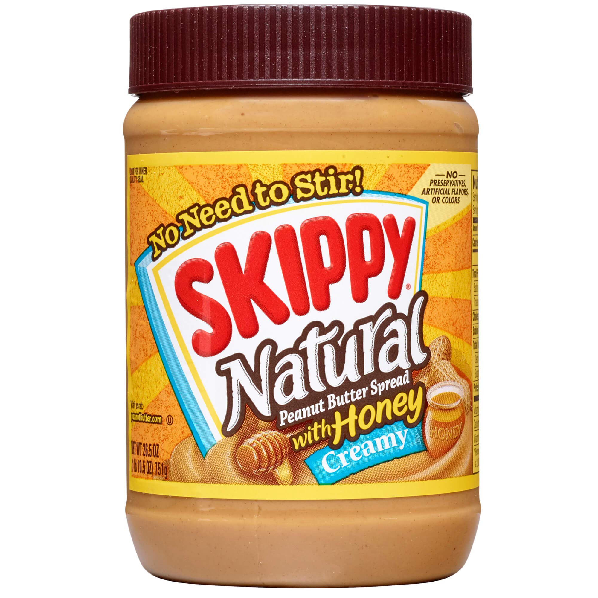 SKIPPY Natural Creamy Peanut Butter Spread with Honey jar offers smooth texture for sandwiches