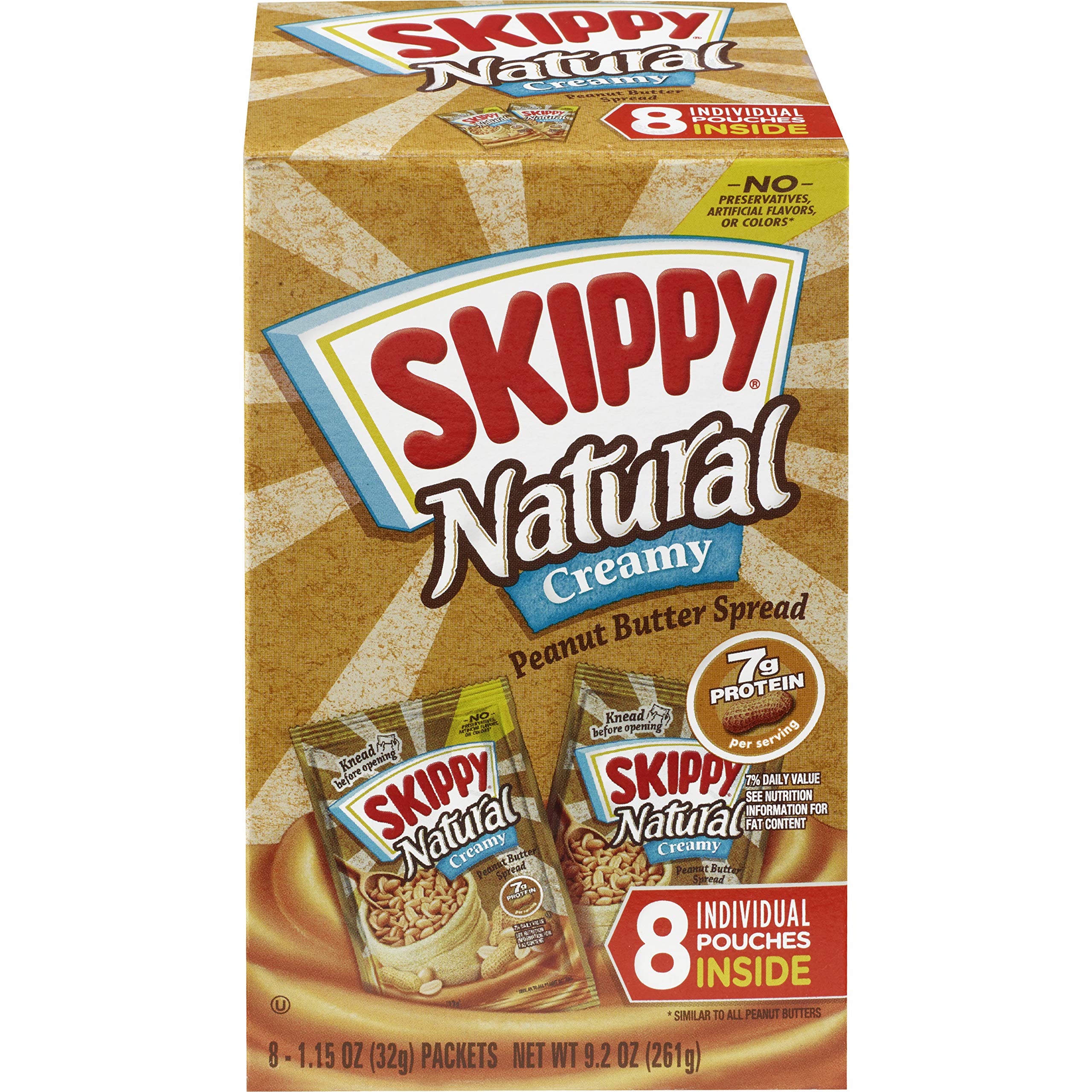 SKIPPY natural creamy peanut butter squeeze packs for on-the-go snacking.
