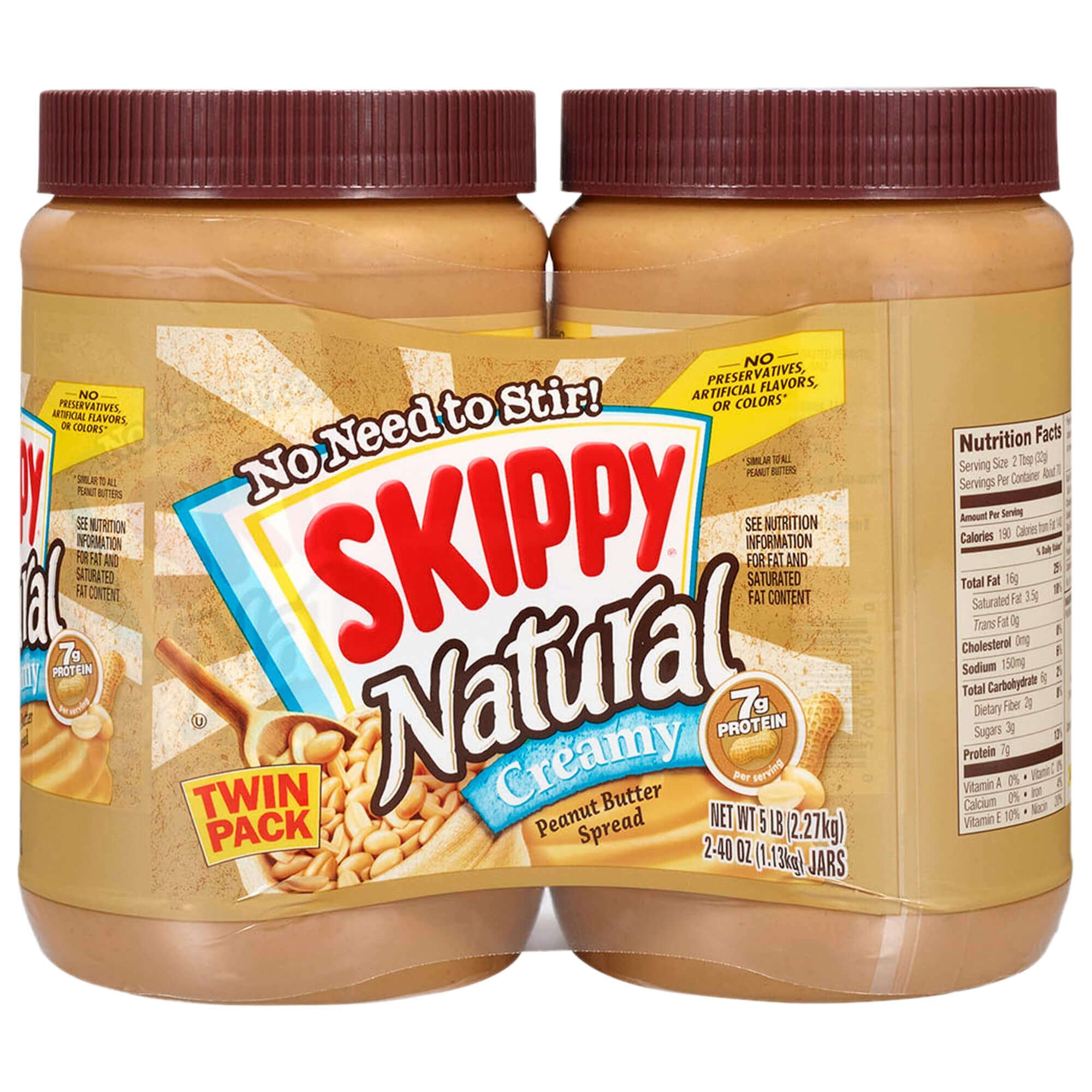 SKIPPY Natural Creamy Peanut Butter twin-pack jars on the counter for quick, smooth spreading.