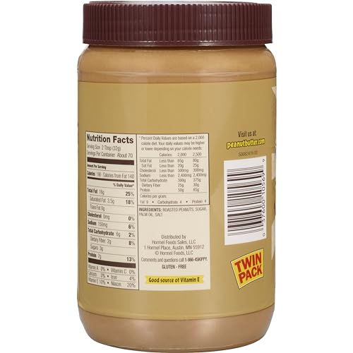 Close-up of SKIPPY creamy peanut butter jar highlighting the smooth, no-stir texture.