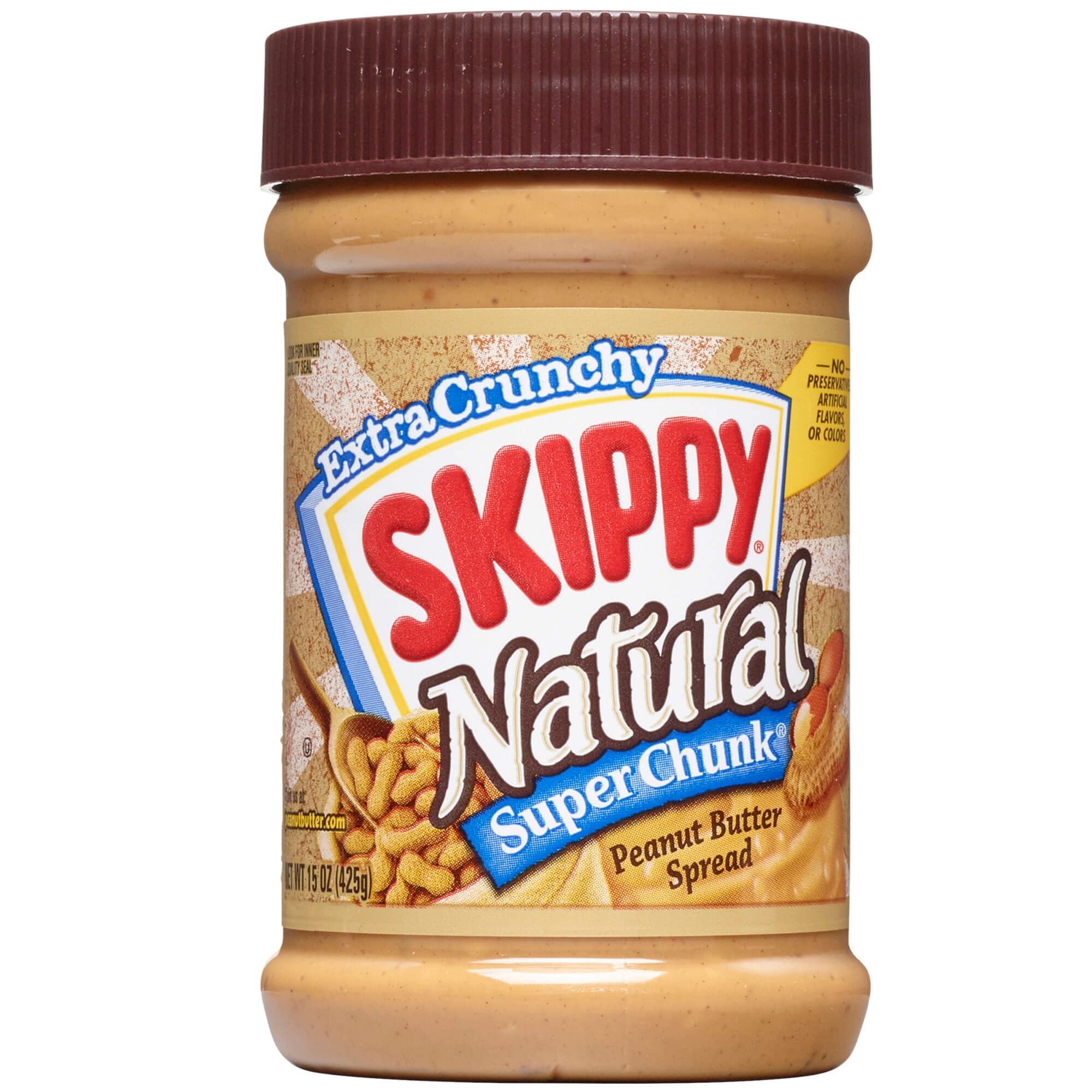 SKIPPY Natural Super Chunk peanut butter jar shows real roasted peanuts for protein-rich snacking.