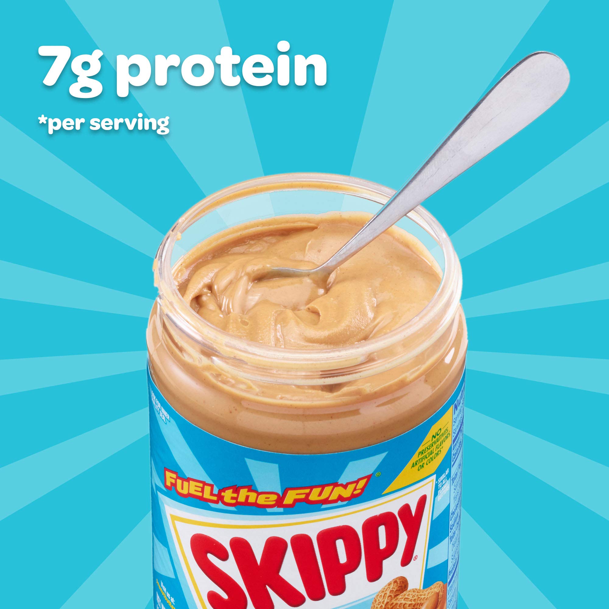 Skippy Creamy Peanut Butter with spoon, ready for quick scoops