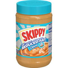 SKIPPY Reduced Fat Creamy Peanut Butter jar on kitchen counter, convenient snack protein