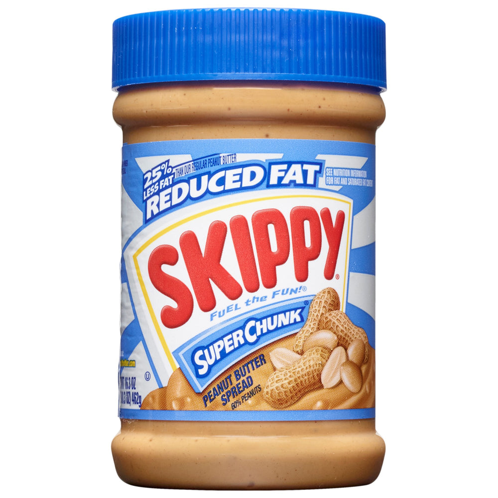 SKIPPY Reduced Fat Super Chunk open jar showing crunchy texture for snacking.