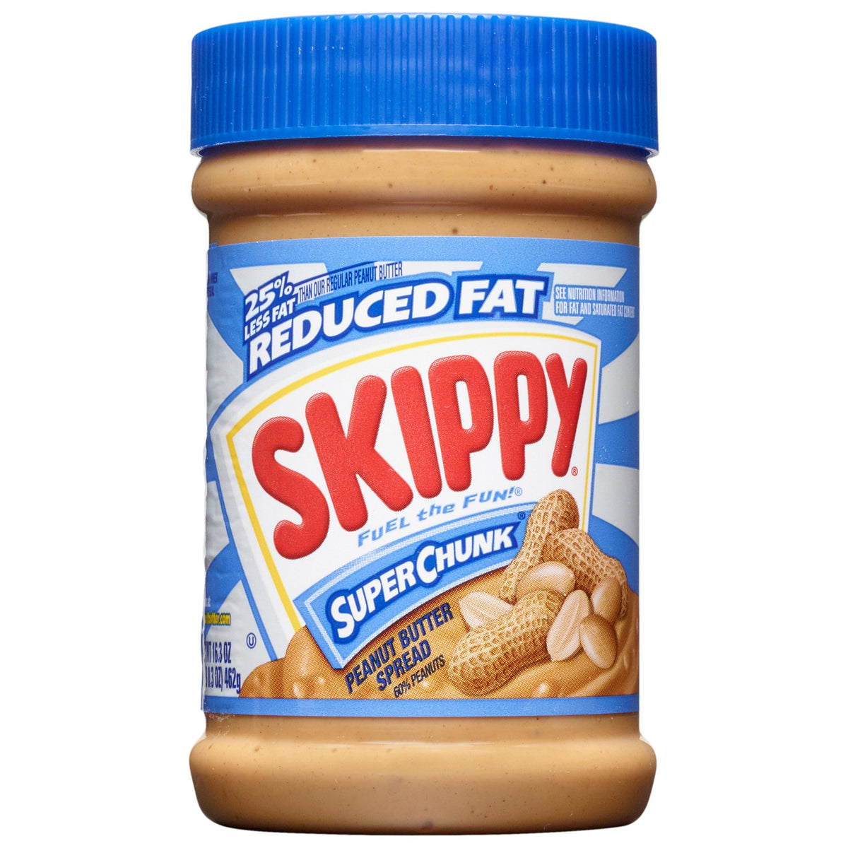 SKIPPY Reduced Fat Super Chunk open jar showing crunchy texture for snacking.