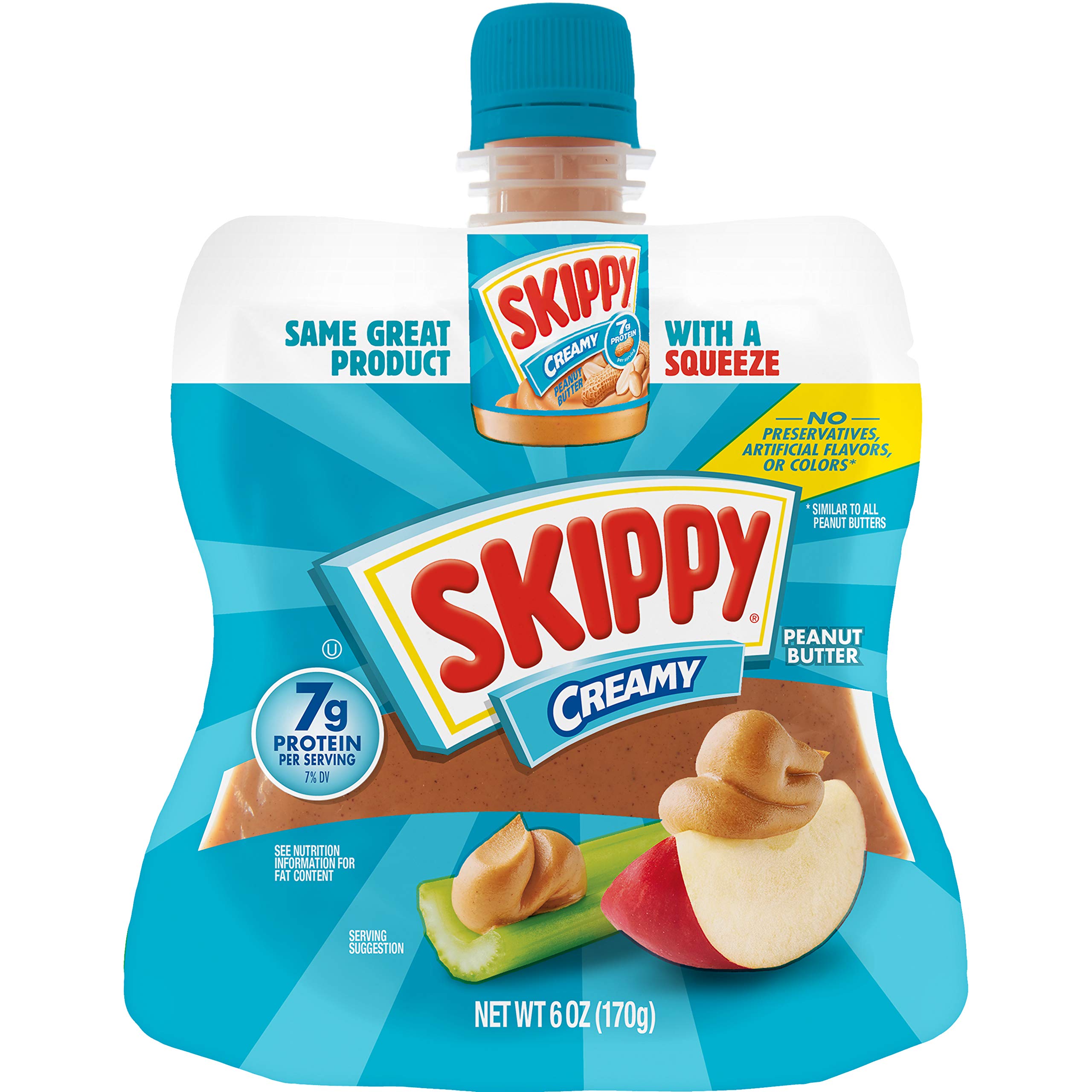 SKIPPY Squeeze creamy peanut butter bottle for easy on-the-go snacking