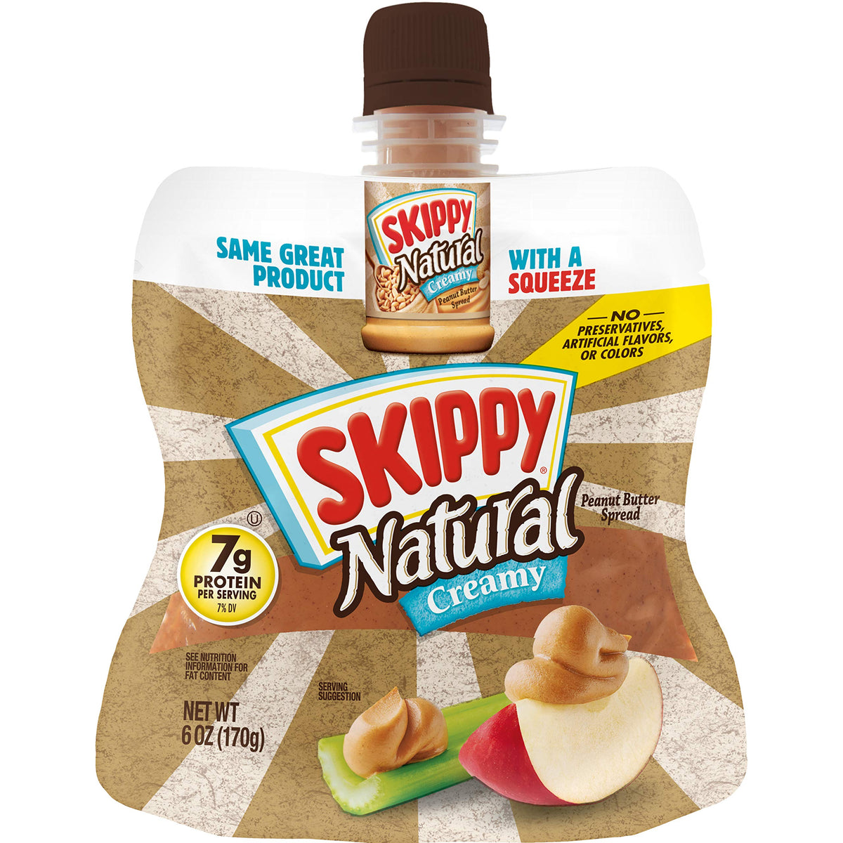 SKIPPY Squeeze natural creamy peanut butter jar pour shows mess-free convenience for on-the-go snacking