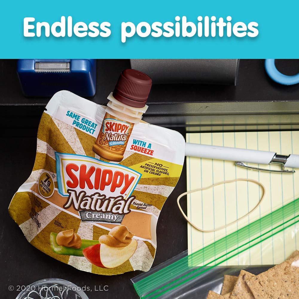 SKIPPY Squeeze no-spoon design supports desk storage and school lunches
