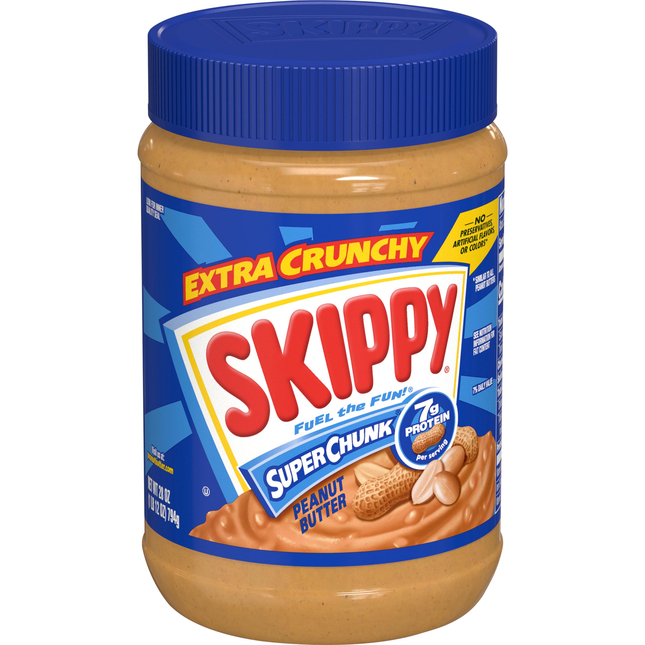 SKIPPY Super Chunk jar close-up shows real peanut pieces for bold crunch.