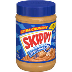 SKIPPY Super Chunk jar close-up shows real peanut pieces for bold crunch.