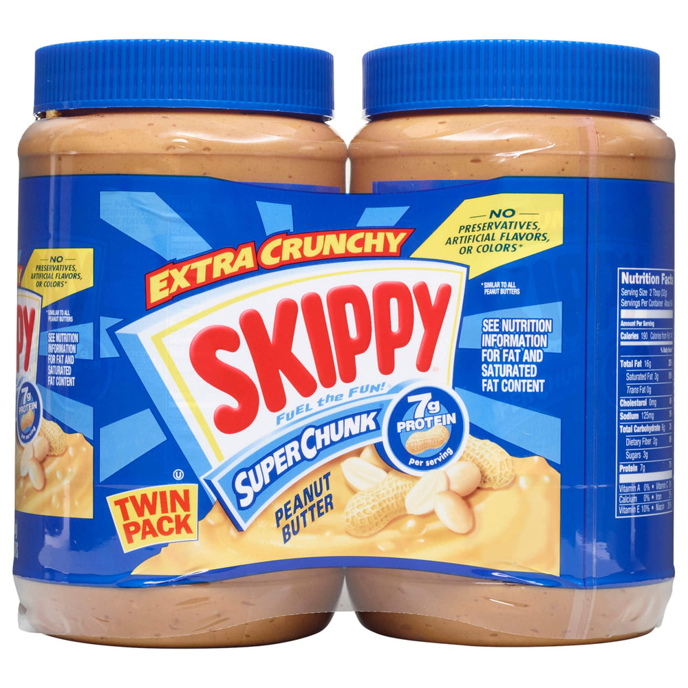 SKIPPY Super Chunk peanut butter jar shows real peanut pieces for crunchy snacking.