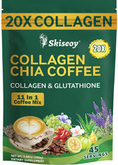 Skiseoy 20x Collagen Chia Coffee cup showing a convenient morning energy boost.